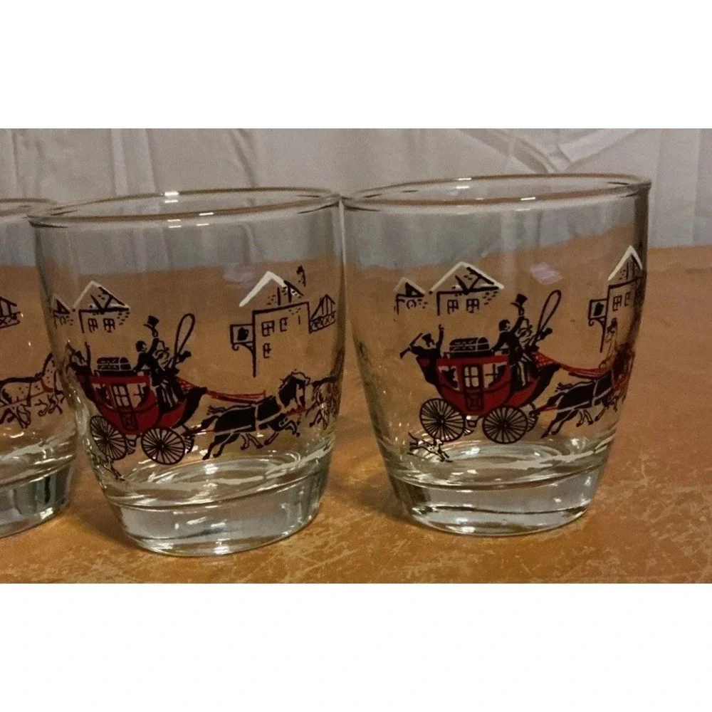 Vintage‎ 1950s Libbey Stagecoach & Horses Low Ball Glasses, Set Of 4, Gold Rim